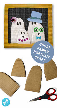 Create adorable ghost family portraits using cardboard and other recycled craft supplies! This not-so-spooky, kid-friendly Halloween art project is perfect for pre-K and early elementary classrooms. Art teachers will love this easy, inexpensive, and eco-friendly craft that encourages imagination. This cute ghost art is fun to personalize and an easy October art lesson to set up. | Halloween art for kids | Halloween craft projects | Halloween classroom | Halloween bulletin board ideas