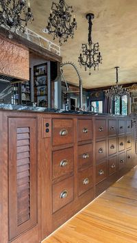 All about the “apothecary” drawers ⬇️ . Yes these are fully custom cabinets. . And the apothecary section was a splurge. . But, I had been looking for a shallow antique apothecary that would work in our kitchen and I just couldn’t find the right one. . So, I had one made. . And it’s so cool. . Because what used to be the junk drawer now just has pens and my check book. And sometimes hair bands. . And these drawers? . Everything has its own drawer: . Cake decorating supplies. Teas separated...