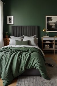 Achieve a modern look with grey bedding in a fresh green bedroom. The cool tones of grey balance the vibrancy of green, creating a sleek, contemporary space that’s both stylish and soothing. Perfect for anyone looking for a trendy yet comfortable bedroom design. #ModernBedroom #GreenAndGrey #GreyBedding #ContemporaryDecor