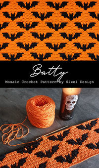 Add spooky little bats to just about anything with this new Halloween mosaic crochet pattern. Includes instructions for a pillow and placemat, or use the charts to create anything from blankets to scarves, bags, home decor and more.  #mosaiccrochet #spookycrochet #batcrochet #halloweencrochet #bats #gothcrochet #batpattern #sixeldesign