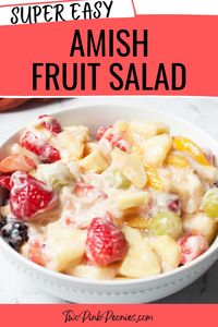 This sweet and creamy Amish fruit salad is perfect for a holiday dessert table or to bring to a potluck. It is a wonderful dessert to make for Thanksgiving!