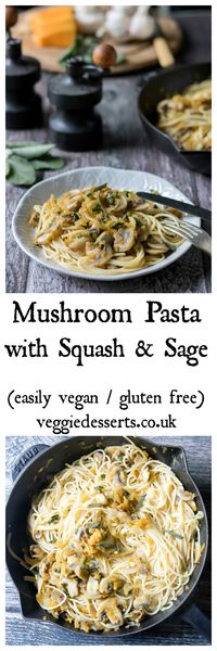 Make this Mushroom Pasta with Butternut Squash and Sage in just 15 minutes! It's easy, flavourful and perfect for Autumn and Winter. It's easily vegan and gluten free (just use gf spaghetti!). #pasta #mushroompasta #butternut