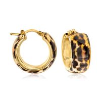 Ross-Simons - Italian Leopard-Print Enamel Hoop Earrings Over Sterling. 7/8". Add this wild pair to your jewelry box. In a bold and lightweight design, leopard-print enamel line the outside of the polished 18kt yellow gold over sterling silver hoops. Made in Italy. Hanging length is 7/8". Snap-bar, leopard-print enamel hoop earrings.