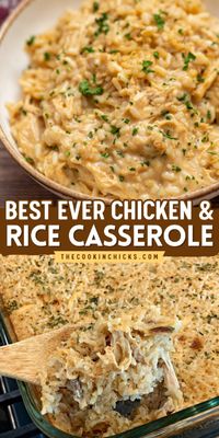 This baked casserole recipe is a classic! It's a perfect winter dish that's easy to make in just one pan. Creamy, flavorful, and hearty, this Chicken and Rice Casserole is the BEST EVER. Save this comfort food dinner idea!