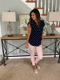 Cute spring outfit for work with pink pants and navy polka dot top #justpostedblog #ShopStyle #shopthelook #MyShopStyle #OOTD #LooksChallenge #ContributingEditor #Lifestyle