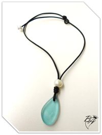 "Sea Drop" Leather and Pearl Sea Glass drop Necklace - product images  of