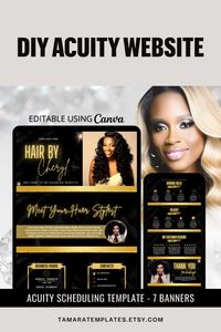 A Canva Hairstylist Acuity Scheduling Site Template - For hair stylists, beauty salons, wig or braid specialists and more.

This professionally designed template will give your business a sleek, chic, and luxurious appearance that speaks volumes to your potential customers, fostering trust in your brand.

9 black and gold fully editable Canva banners, very intuitive and easy to use, suitable for beginners and experienced users alike. Visit my Etsy shop, download the booking site template and make it your own today!