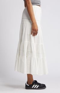 Enjoy the versatility of a breathable cotton maxi skirt fashioned with inset lace trim in a tiered A-line silhouette. 33 1/2" length (size Medium) Elastic/drawstring waist Partial cotton lining 100% cotton Machine wash, tumble dry Imported Not available for sale and shipment to Germany