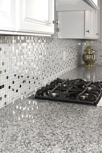 5+ White (Glass & Metal) Backsplash Tile (Luna Pearl Granite Countertop)