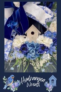 Royal blue wreath with a rhinestone covered birdhouse. Welcome your guests with this elegant summer hydrangea wreath! The ribbon in the bow is a gorgeous chinoiserie pattern along with a rich velvet blue coordinating ribbon. Give as a gift to your mom, sister, friend, wife, or yourself! Perfect for spring through summer.