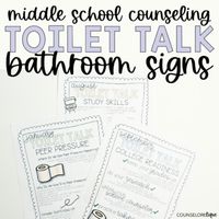 This product, by Counselor Clique, is the Toilet Talk- Middle School Counseling Bathroom Signs. Toilet Talk (Middle School) is a downloadable PDF packet for school counselors to print out and hang in student or faculty bathrooms each month of the school year. Each month has a different topic, and bo...