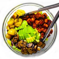 Potato, Tempeh Bacon, Mushroom Salad with Sweet Mustard Dressing