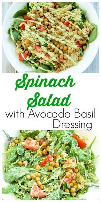 Spinach Salad with Quinoa, Crispy Chickpeas, Tomato, and Avocado Basil Dressing. A hearty, filling salad that can be a meal in itself! Easy healthy vegan recipe.