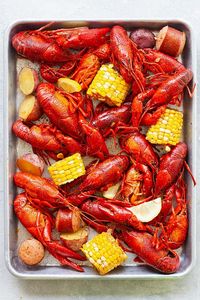 Crawfish boil with corn, smoked sausage and red potatoes, ready to serve.