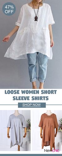 Loose Women Solid Short Sleeve Pockets Side Split Shirts #shirt #fashion #tops