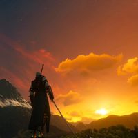 the witcher 3 icon. geralt. sunset. sword.