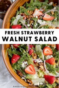 You are going to fall head over heels for this refreshing Strawberry Walnut Salad. Packed with sweet strawberries, fresh greens, crunchy walnuts, and creamy feta crumbles, this salad recipe is the perfect combination of flavors and textures. Whether you’re looking for a fresh side salad, a light lunch, or an easy main course during those warmer months, this scrumptious strawberry walnut salad recipe has got you covered!