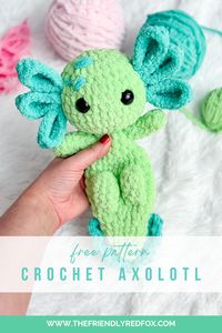 This free crochet axolotl pattern is cute and quick to make! Using blanket yarn makes this a cuddle sized amigurumi axolotl plushie, while using worsted weight yarn makes a 5 inch little backpack buddy!