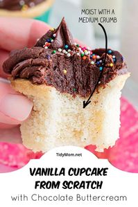 Homemade Vanilla Bean Cupcake - A moist classic white cake saturated with vanilla bean notes and just a touch of almond, topped with homemade chocolate buttercream frosting. These decadent vanilla cupcakes will seriously make you ditch the boxed cake mixes! PRINTABLE RECIPE AT TidyMom.net