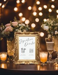 Introducing our elegant and customizable Wedding Signature Drinks Template - the perfect way to showcase the bride and groom's favorite drinks at your special celebration! This 8.5 x 11 design template is simple, sophisticated, and editable in Canva, allowing you to easily personalize it! Display your signature cocktails in style and guide your guests to their drink options with this beautiful, easy-to-use template. Ideal for adding a personal touch to your wedding bar!