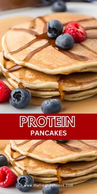 Fluffy, delicious, and packed with protein! These pancakes make the perfect start to your day. Grab the easy recipe at TheFreshmanCook.com!