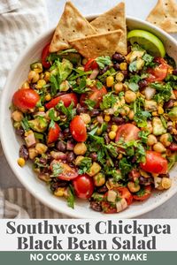 This Southwest Chickpea Black Bean Salad comes together in 15 minutes with a delicious zesty chili lime vinaigrette. Easy to make and prep for the week ahead!