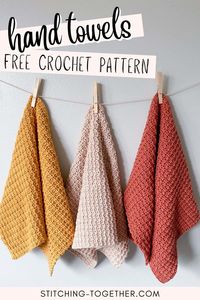 This easy crochet hand towel pattern is perfect for making towels for your bathroom or kitchen. A stack of crocheted hand towels also works great as a gift. Free crochet pattern by Stitching Together.