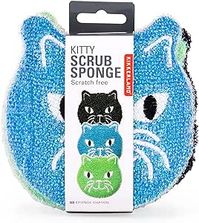 Kikkerland Kitty Cat Scrub Reusable Sponges, for Scrubbing, Cleaning, Dishwashing,Kitchen Scrubbers, Set of 3, Black/Green/Blue