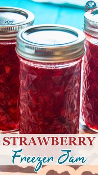 You can create a jar of homemade strawberry freezer jam that's bursting with flavor with strawberries, pectin, sugar, lemon juice, and water.