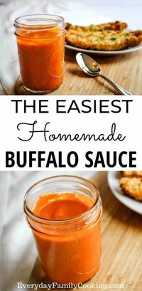 A quick and easy homemade Buffalo sauce that can be made up to one month ahead of time. It's spicy and awesome with chicken wings.