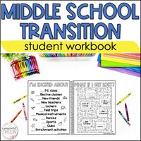 Help your upper elementary students prepare for their transition to middle school with this printable Middle School Transition student workbook. Students will share worries, excitement, and consider their questions related to middle school throughout the exercises, which cover opening lockers, hygiene, organization tips, study habits, peer pressure, friendships, and more!Included in the workbook: Resource coverWorkbook coverContentsSame & Different Venn DiagramIm excited about (3 pages)My wo