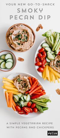 This smoky pecan dip makes for a simple vegetarian snack that comes together in less than 30 minutes. Simply puree toasted pecans and chickpeas with cayenne and smoked hot paprika for a flavorful dip. Serve with veggies or on top of a salad or sandwich.