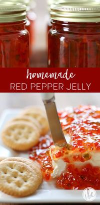 Homemade Red Pepper Jelly Recipe #redpepper #jelly #appetizer #recipe #creamcheese #holidays #easy #homemade #jam