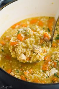 This Chicken Rice Soup is a hearty, healthy soup recipe that's perfect for fall! Loaded with vegetables, lean chicken and brown rice it can be made stove top or slow cooker. #soup #recipe #cooking #dinner #healthy #healthyrecipe #chicken