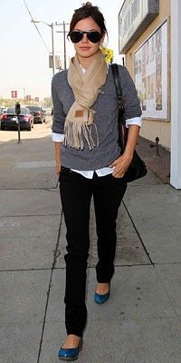 scarf, sweater, buttondown, skinnies, colorful flats 