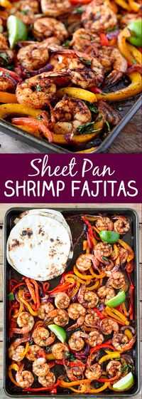 One Sheet Pan Shrimp Fajitas - tender juicy shrimp with roasted bell pepper and onion served in a soft warm tortilla. Perfect easy dinner idea!