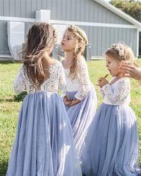 Amazon.com: 2Bunnies Girl Peony Lace Back A-Line Straight Tutu Tulle Party Flower Girl Dresses (Bluish Gray Sleeve Maxi, 5): Clothing