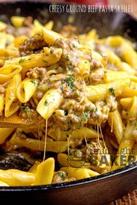 Great for using any leftover pasta! Simple and inexpensive cheesy ground beef skillet dinner that's nice enough for company