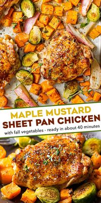 Chicken thighs are coated in a mouthwatering maple mustard sauce and roasted alongside classic Fall vegetables. Made on one sheet pan for an incredibly quick, easy meal with hardly any cleanup needed! #chicken #sheetpan #maple #mustard