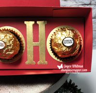 I used the Snowflake Sentiments stamp set, Large Letter Framelits, Sprig and circle punches from Stampin' Up! to make this cute holder for the Ferrero Rocher Chocolates.  This is a great gift for secret Santa, coworkers, friends, family, hair stylist, nail tech, mailman, etc.