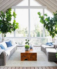 Gray Wicker Sofa and Chairs with Burl Wood Coffee Table - Transitional - Living Room