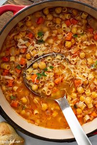 Pasta e Ceci is a cross between a saucy tomato pasta, soup, and stew. It's hearty, flavorful, and all cooked in one pot with pantry ingredients, making it an easy weeknight dinner option in only 30 minutes. Plus, it's vegetarian, so it can accommodate different diets. It's so good!