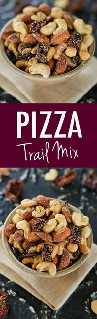 PIZZA TRAIL MIX -- A savory, cheesy mix of roasted nuts with sun-dried tomatoes and Italian seasonings. #vegan #paleo #glutenfree