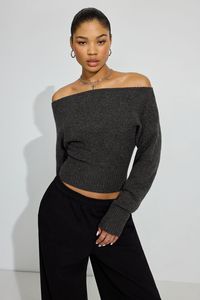 Spongy Off Shoulder Sweater, Lead Grey Melange