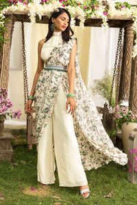 Buy Chhavvi Aggarwal White Crepe Printed Pant Saree With Blouse Online | Aza Fashions