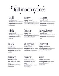 Full moon names and meanings. This page is apart of a moon magic cheat sheat with more information about lunar phases.