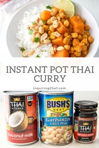 Instant Pot Thai Curry is a hearty vegetarian curry with chickpeas and sweet potatoes in a spicy, creamy coconut broth. Cook pot-in-pot rice at the same time for a one-pot meal that comes together fast.