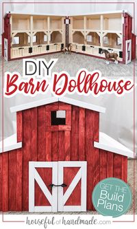 Build the perfect dollhouse for your cowboy or cowgirl. This beautiful wooden toy barn has 6 stalls for horses or other animals, a loft area, and hinges for easy clean-up. Get the free build plans on Housefulofhandmade.com. #DIY #woodoworking #dollhouse