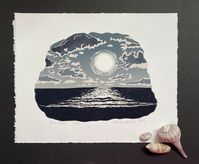 "Blue Moon, is based on the rare Halloween full blue moon from October 2020. It came on October 31 and this view is from Vero Beach, Fl. A blue moon is the second full moon in a calendar month and happens every 2-3 years.  This is a reduction print. After the image is transferred to a linoleum block, the same block is carved away, more and more, printing colors in between, until the image is complete. This destroys the block. This print has 6 colors. Printed in a limited edition of 22. Each print is signed, numbered, and titled. Printed on Canson Edition paper using Cranfield Safewash lightfast inks.  Image size is approximately 7.25\"x5.5\" and paper size is 8\"x10\". Print is shipped wrapped in glassine paper and placed between 2 pieces of cardboard. * print colors may vary slightly from