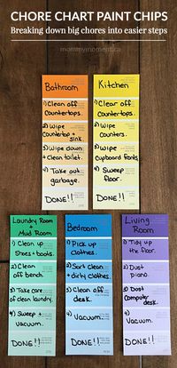 I’ve come up with a simple chore chart that will help my kids understand what I am expecting, step-by-step. PAINT CHIP CHORE CHART is simple and free: